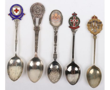 5x Regimental Spoons of Women’s Services, including plated brass and enamel Queen Mary’s Auxiliary Army Corps, plated and ena