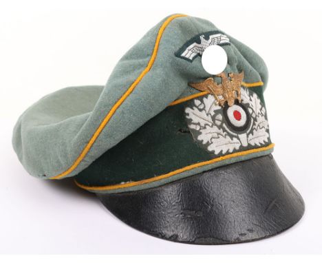 Scarce WW2 German Army Cavalry Officers Crusher Cap, fine example produced in a green doeskin cloth with golden yellow piping