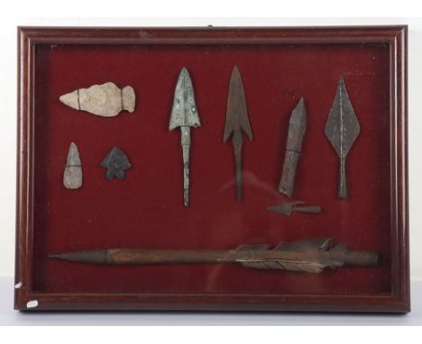 Glazed Display Frame of Arrow Heads and Crossbow Bolt, dating from stone age to the 19th century. Many being ground dug examp