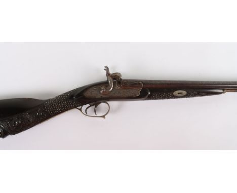 34 Bore Double Barrel Belgian Percussion Sporting Gun c.1900 for the South American Trade, browned twist barrels 78.5cms silv