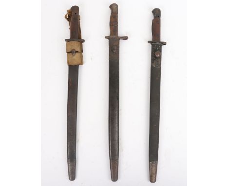 British 1907 Bayonet by Wilkinson, with two piece wooden grips, housed in leather and steel mounted scabbard with webbing fro