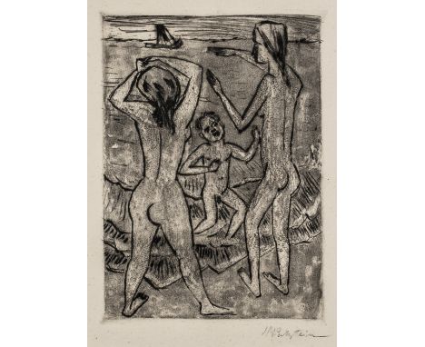 HERMANN MAX PECHSTEIN (1881 Zwickau - 1955 Berlin) Am StrandKaltnadel und Pinselätzung auf Bütten. 1922.18 x 24 cm (37,3 x 29