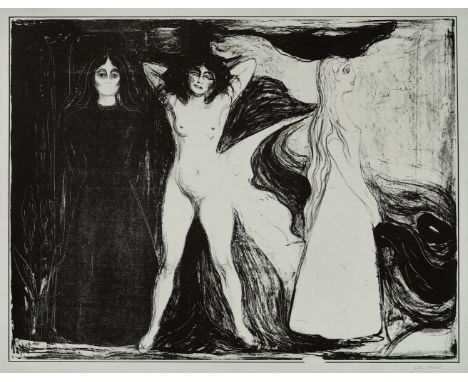 EDVARD MUNCH (1863 Ådalsbruk/Løten - 1944 Oslo) Die drei Stadien der Frau (Die Sphinx)Lithographie auf bläulichem Velin-Karto
