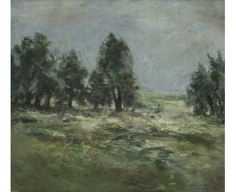 ROLF HÄNDLER (1938 Halle/Saale – 2021 Berlin) LandschaftÖl auf Leinwand. 1979.89 x 98 cm.Unten rechts mit Pinsel in Schwarz s