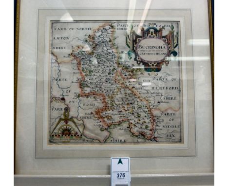 An early 17thC Christopher Saxton coloured county map 'Buckingha' incorporating a scrolled title cartouche, compass and scale