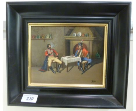 Damas - an interior scene with two soldiers playing chess  oil on board  bears a signature  5'' x 7'' in an ebonised and gild
