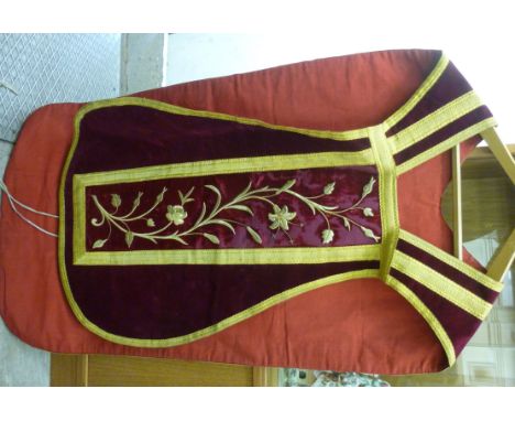 A Priest's embroidered Pentecostal chasuble with gilded and silvered ornament; and a needlepoint tapestry wall hanging  72'' 