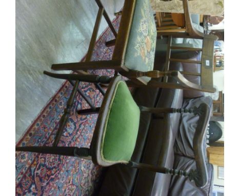 Chairs: to include a Regency mahogany framed elbow chair with a tapestry upholstered seat, raised on square legs       CA