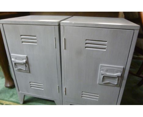 A pair of modern grey painted, industrial style, single door bedside cabinets, raised on bracket feet  28''h  16''w       BSR