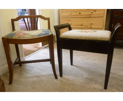 An early 20thC mahogany framed piano stool with a tapestry upholstered rising top, raised on square legs; and a contemporary 