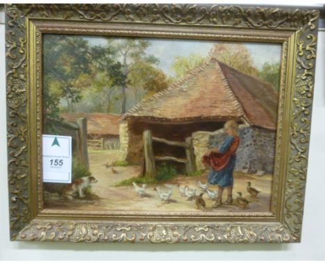 R Corah - a farmyard scene with a girl, chickens, ducks and a dog  oil on canvas laid on panel  bears a signature  9'' x 12''