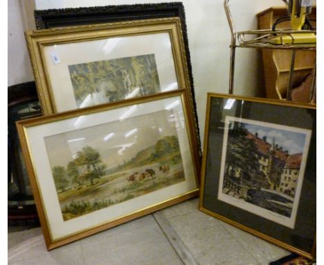 Framed pictures: to include 'Evening, North Wales'  coloured print  13'' x 18''; and a bevelled mirror, in an oval, mahogany 