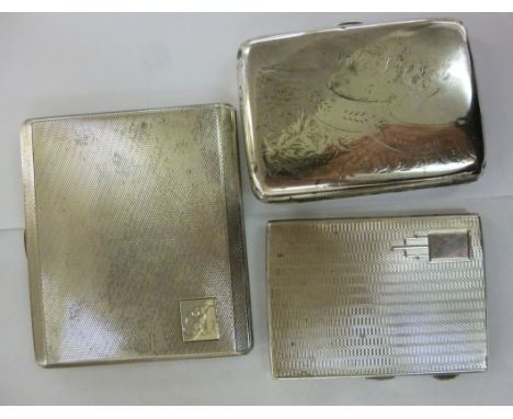 Three similar folding cigarette cases, two with engine turned ornament, the other engraved with scrolls and ferns  mixed mark