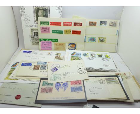 First Day Covers, various postal history items, Poole postcards and a quantity of stamps on card/paper 