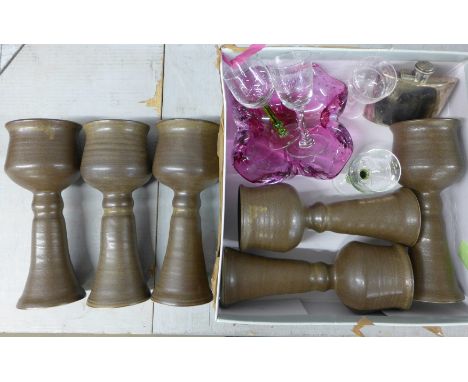 Six studio pottery goblets, a glass ashtray, a plated hip flask and glasses **PLEASE NOTE THIS LOT IS NOT ELIGIBLE FOR POSTIN