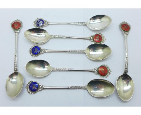 A set of seven Middle Eastern 800 silver and enamel spoons 