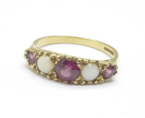 A 9ct gold, opal and pink stone ring, 2.2g, P 