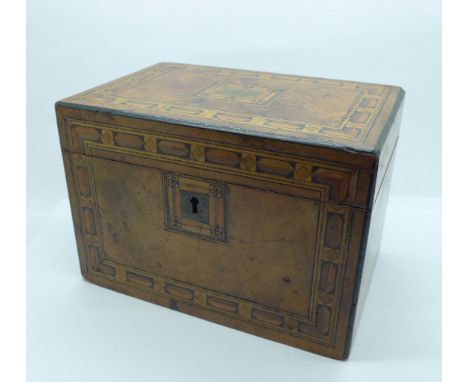 A Victorian inlaid tea caddy, width 20cm, some veneer a/f 
