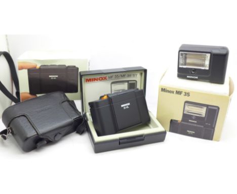 A Minox MF35 camera with flash, case, filter and box 