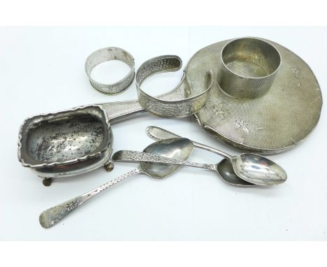 Silver items including napkin rings, silver salt, bangle, etc., (some scrap a/f), 193g 