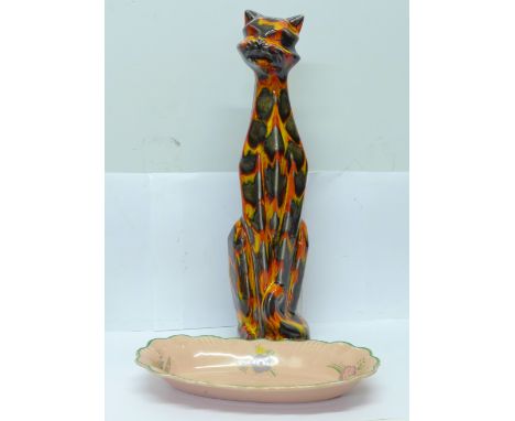 An Anita Harris studio pottery cat and a Clarice Cliff Newport Pottery dish 
