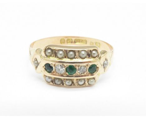 A Victorian 9ct gold, emerald, diamond and seed pearl ring, Birmingham 1896, 1.2g, R 