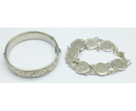 A silver bangle and a silver coin bracelet, 47g 