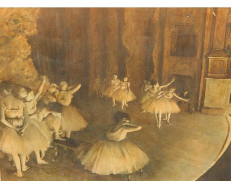 After Edgar Degas.  Ballet dancers, coloured print laid on canvas, 49.5cm x 62.5cm