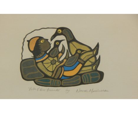 Norval H Morrisseau (1932-2007).  Peter and his friends, coloured print, artist signed and titled, 14.5cm x 21.5cm, and anoth