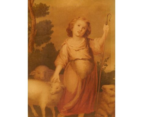 19thC Oilography.  Shepherd with sheep, 37.5cm x 24.5cm, and another print - cottagers