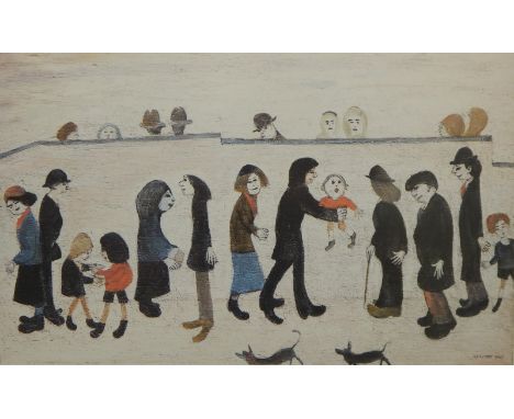 Laurence Stephen Lowry (1887-1976).  Man holding child, artist signed coloured print, 49cm x 73.5cm