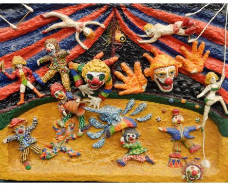 R Ealden (20thC).  The Circus is in Town, painted papier maché, signed, titled and dated 2003 verso, 70cm x 89cm