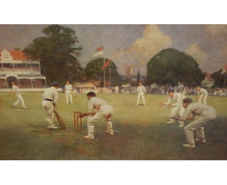 After Albert Chevallier Tayler.  Kent v Lancashire at Canterbury in 1906, coloured print, 43cm x 82cm
