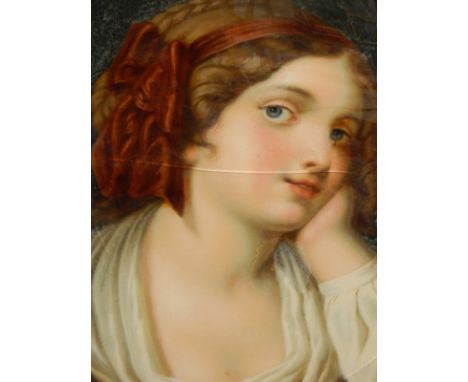 19thC British School.  Portrait of a young woman, oil on glass, 44.5cm x 36cm