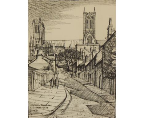 After John Danby Wheeldon (1914-2008).  Lincoln Cathedral from Danesgate, a monochrome print, 29cm x 20cm