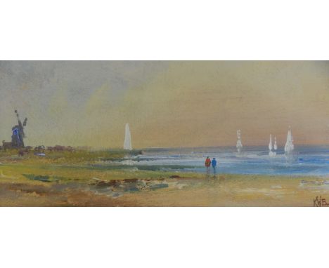 K W Burton (20thC). Coastal scene, oil on board, signed, 11.5cm x 26cm, and an artist signed Cuneo print. (2)