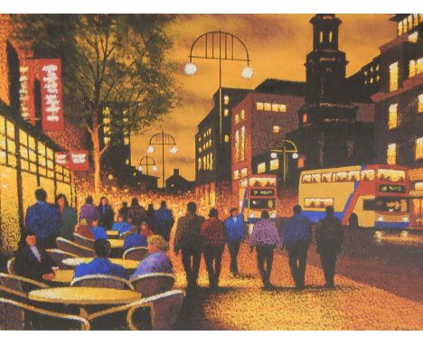 Michael Lawes.  Cafe Culture 2, artist signed limited edition coloured print 1/95, 35cm x 44cm, and another titled Harbour Ni