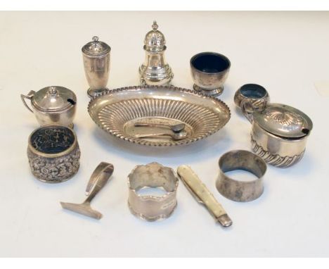 Elizabeth II silver three piece condiment set, Birmingham 1959 together with various other silver items including; folding po