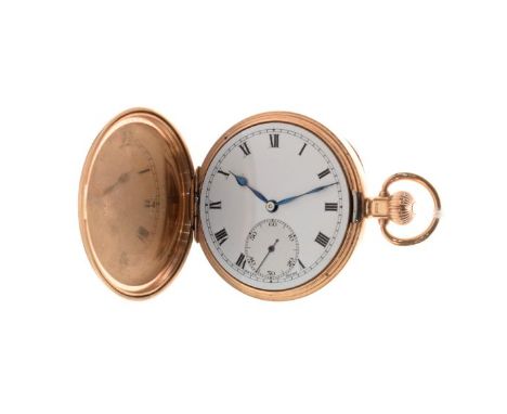 Gentleman's 9ct gold cased full hunter top wind pocket watch, the white enamel dial with Roman numerals and subsidiary second