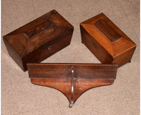 Two Victorian sarcophagus shaped tea caddies and an inlaid mahogany wall shelf   Condition: 