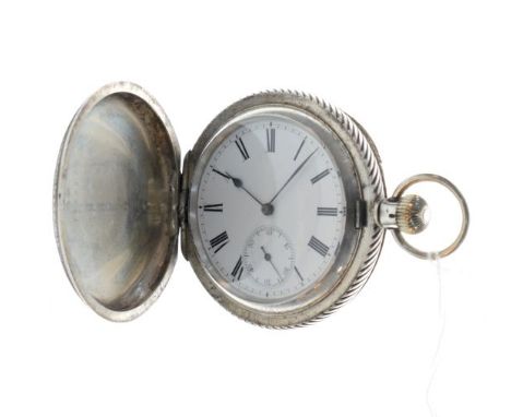 Gentleman's engraved silver cased full hunter top wind pocket watch, the case decorated with a stag in a landscape, the white
