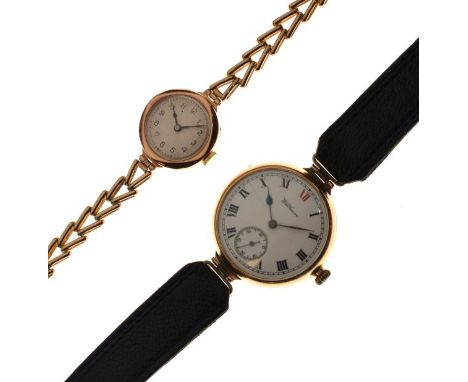 Gentleman's Waltham 15ct gold cased wristwatch, the white enamel dial with Roman numerals and subsidiary seconds dial, togeth