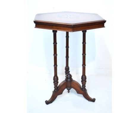 19th Century inlaid mahogany and walnut hexagonal topped occasional table, the top with central star inlay, standing on three