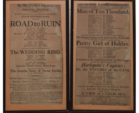 Two George III theatre flyers, each relating to Halifax and dated 1792 and 1797 together with a 19th Century coloured engravi
