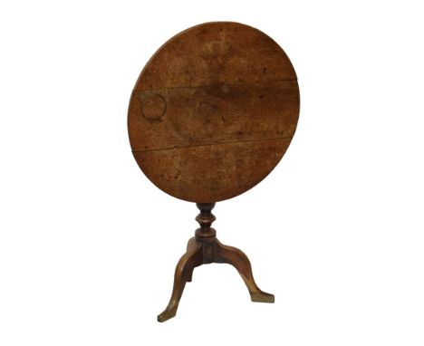 Victorian oak and walnut circular snap top supper table standing on a turned pillar and tripod base   Condition: 