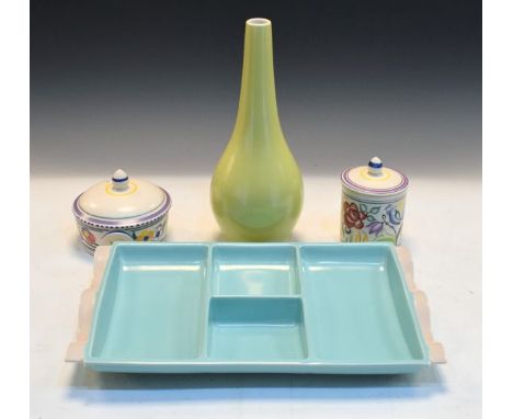 Five pieces of 1950's period Poole comprising: pale yellow glazed baluster vase, pale blue and grey glazed hors d'oeuvres dis