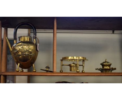 Aesthetic School brass ovoid spirit kettle and stand together with a cast brass inkwell   Condition: 