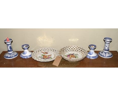 Two Dresden style dessert dishes, pair of modern Spode blue and white candlesticks and another pair of blue and white candles