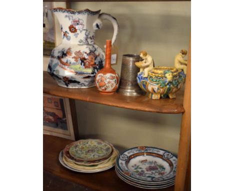 Large 19th Century Masons octagonal jug having polychrome transfer printed decoration depicting a chinoiserie landscape toget