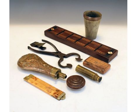 19th Century copper shot flask, cribbage board, horn beaker, sugar cutters etc   Condition: 